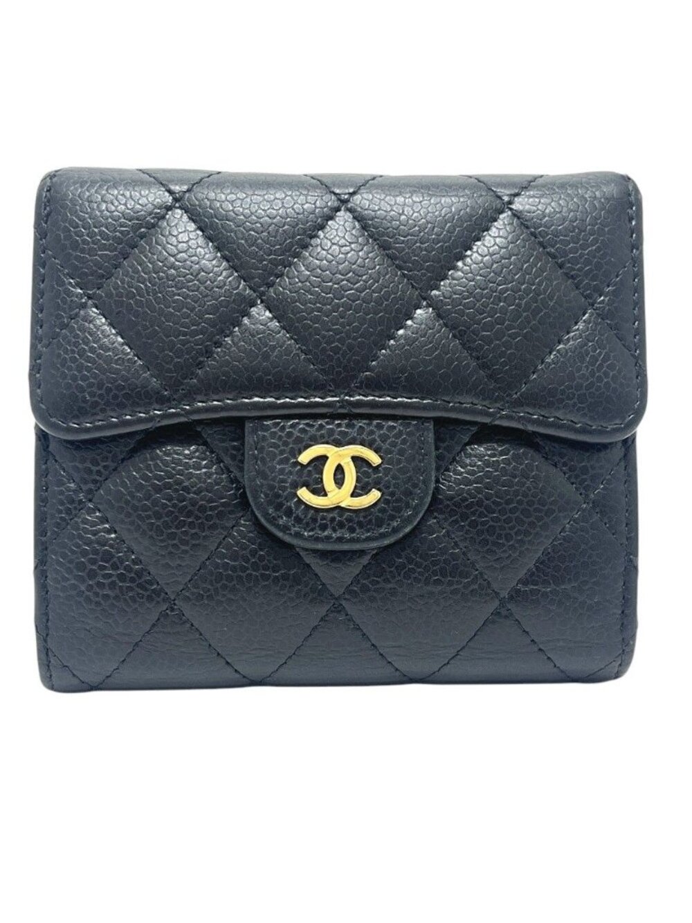 Chanel Trifold Wallet CC Logo Quilted Caviar Leather Black